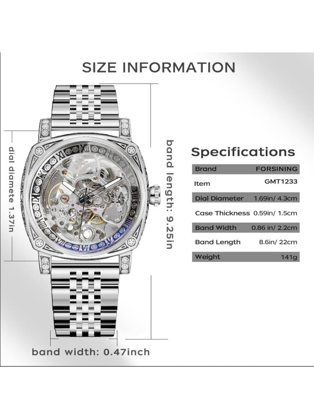 Men's Silver Square Mechanical Stainless Steel Self-Wind Carved Automatic Watch - Picture 6 of 7